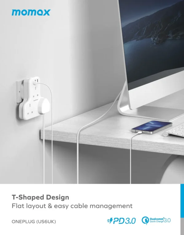 ⁦Oneplug 3-Outlet T-Shaped Extension Socket With USB⁩ - الصورة ⁦4⁩