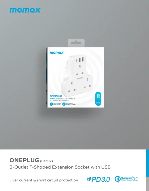 ⁦Oneplug 3-Outlet T-Shaped Extension Socket With USB⁩ - الصورة ⁦2⁩