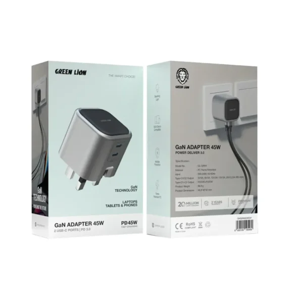 ⁦Green Lion GaN Adapter 45W 2 USB-C Ports - Grey⁩ - الصورة ⁦2⁩