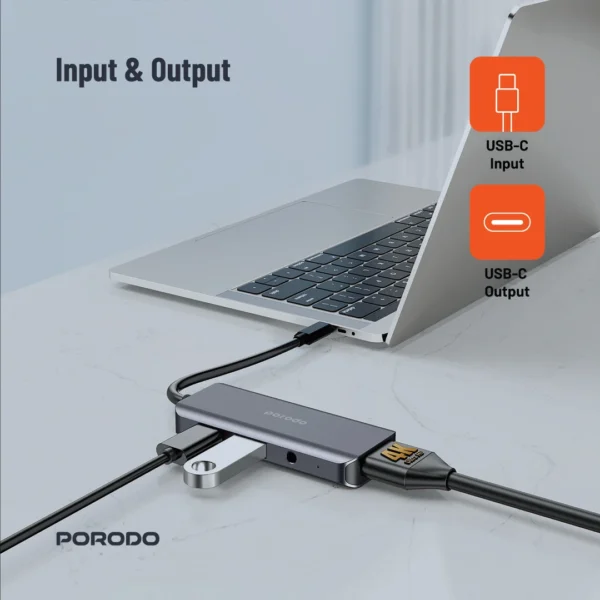 ⁦Porodo 4in1 USB-C Hub Type-C PD 100W HDMI USB 3.5mm Aux⁩ - الصورة ⁦5⁩