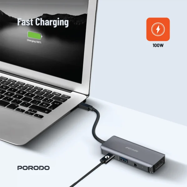 ⁦Porodo 4in1 USB-C Hub Type-C PD 100W HDMI USB 3.5mm Aux⁩ - الصورة ⁦2⁩