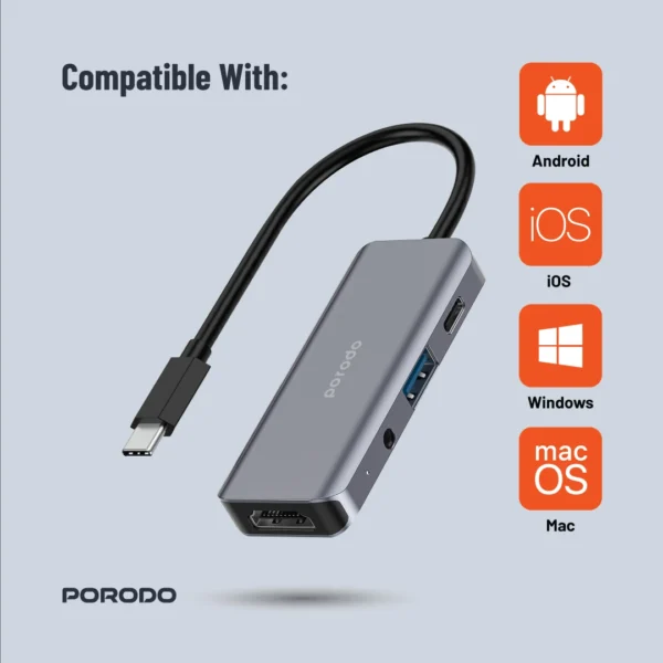 ⁦Porodo 4in1 USB-C Hub Type-C PD 100W HDMI USB 3.5mm Aux⁩ - الصورة ⁦6⁩