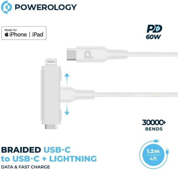 ⁦Powerology MFi Braided USB-C to USB-C + Lightning⁩ - الصورة ⁦4⁩